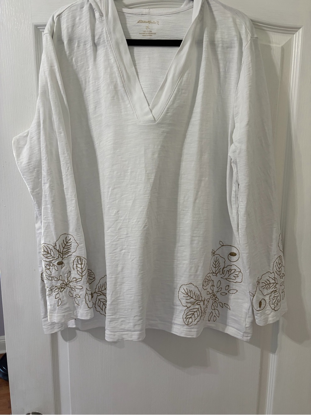 Eddie Bauer White V-Neck pullover lightweight cotton hoodie XXL Embroidery